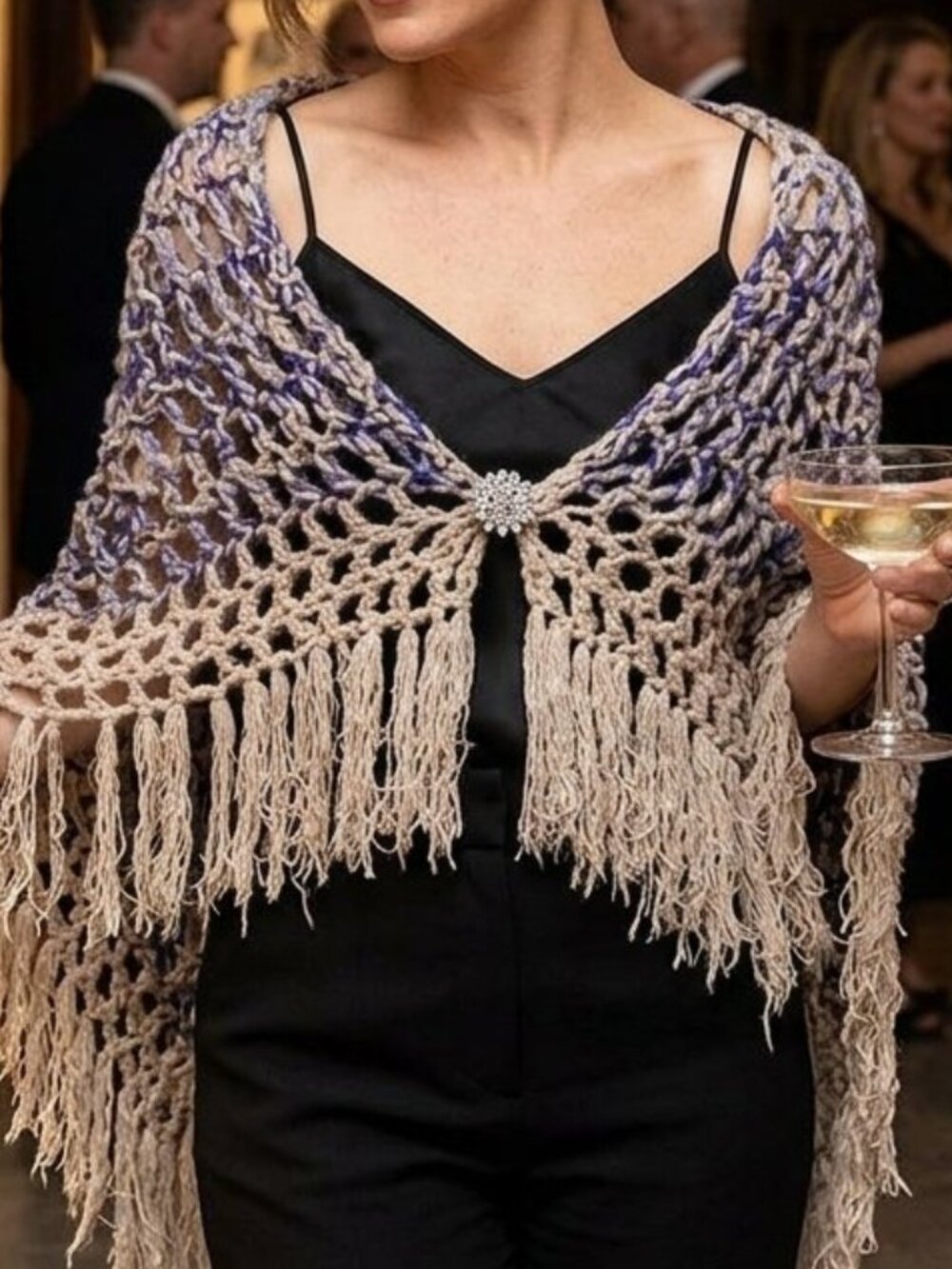 Handmade Crochet Poncho Shoulder Wrap with Long Fringe Detail & Brooch